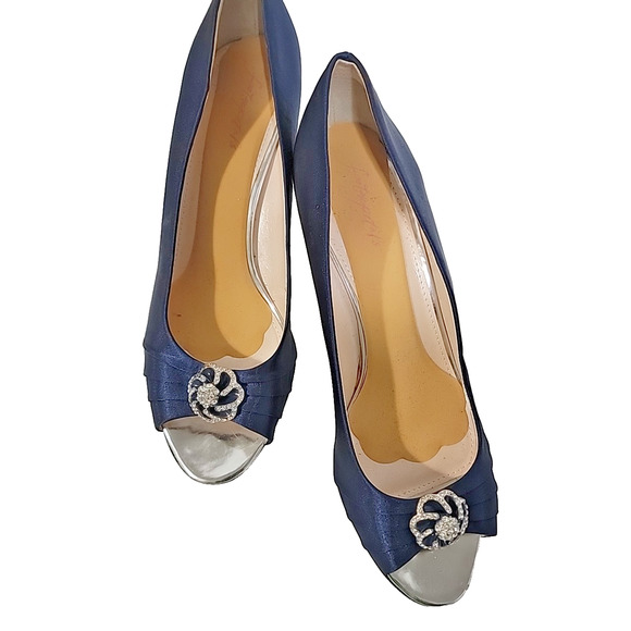 Erijunor Navy Blue Satin Peep-Toe Heels With Rhinestones Size 11B0 - Picture 8 of 14